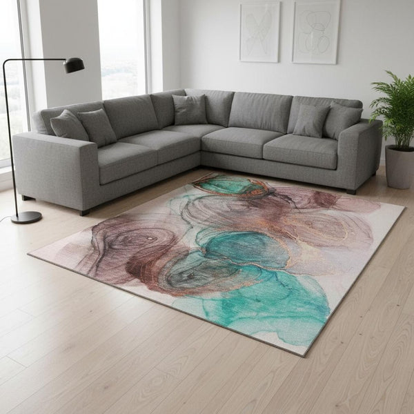 HomeRoots 10' Burgundy, Blue & Ivory Abstract Area Rug - Washable, UV Protected, Stain-Resistant Design for Homes 647032