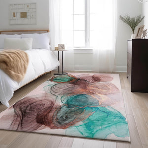 HomeRoots 10' Burgundy, Blue & Ivory Abstract Area Rug - Washable, UV Protected, Stain-Resistant Design for Homes 647032
