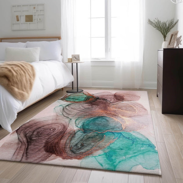 HomeRoots 10' Burgundy, Blue & Ivory Abstract Area Rug - Washable, UV Protected, Stain-Resistant Design for Homes 647032