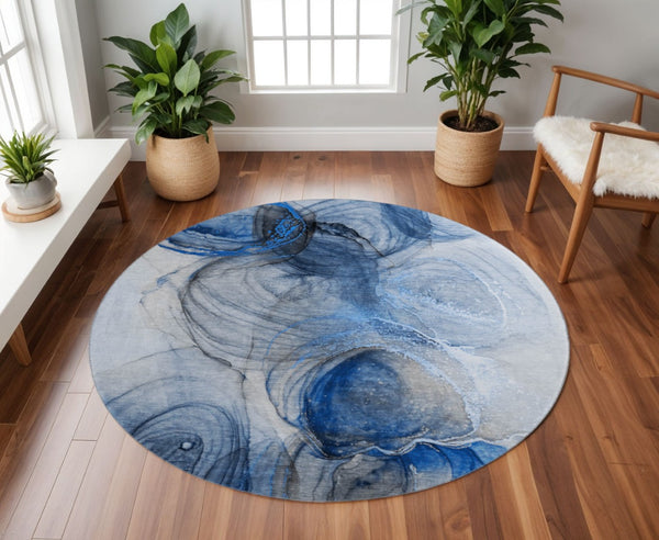 HomeRoots 8' Navy Blue & Ivory Abstract Washable Round Rug - UV Protected, Stain-Resistant, Modern Elegance! 647035