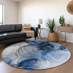 HomeRoots 8' Navy Blue & Ivory Abstract Washable Round Rug - UV Protected, Stain-Resistant, Modern Elegance! 647035
