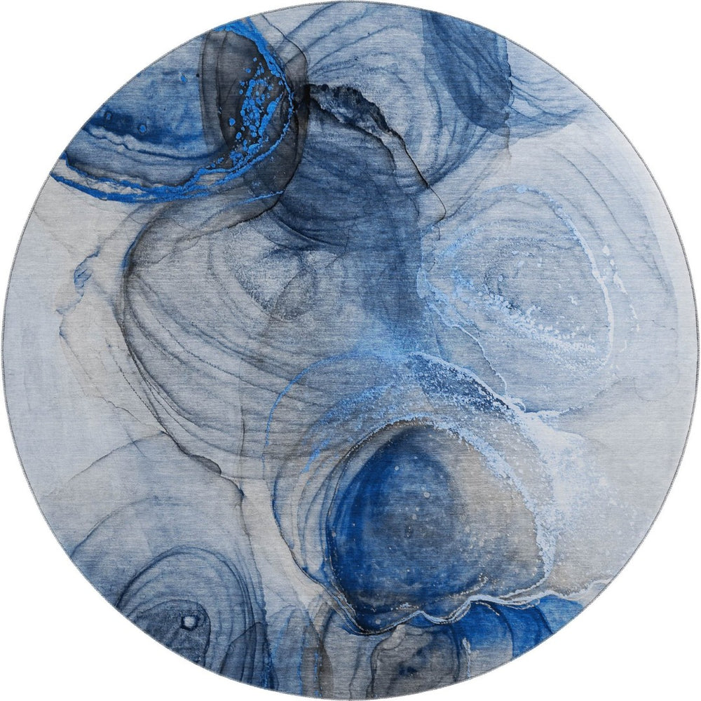 HomeRoots 8' Navy Blue & Ivory Abstract Washable Round Rug - UV Protected, Stain-Resistant, Modern Elegance! 647035