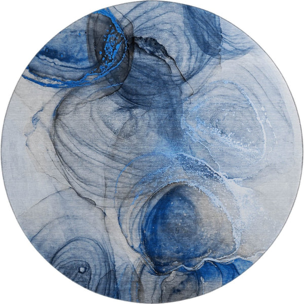 HomeRoots 8' Navy Blue & Ivory Abstract Washable Round Rug - UV Protected, Stain-Resistant, Modern Elegance! 647035