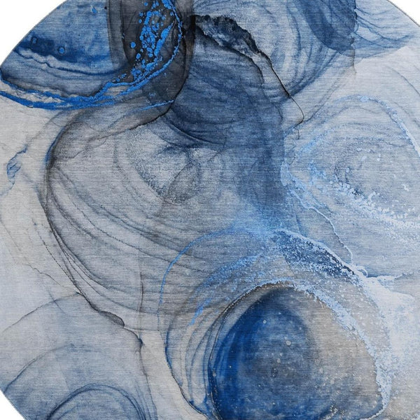 HomeRoots 8' Navy Blue & Ivory Abstract Washable Round Rug - UV Protected, Stain-Resistant, Modern Elegance! 647035