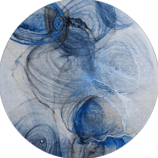 HomeRoots 8' Navy Blue & Ivory Abstract Washable Round Rug - UV Protected, Stain-Resistant, Modern Elegance! 647035