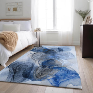 HomeRoots 8' X 10' Navy Blue & Ivory Abstract Area Rug - Washable, UV-Protected, Durable & Stylish for Homes 647036