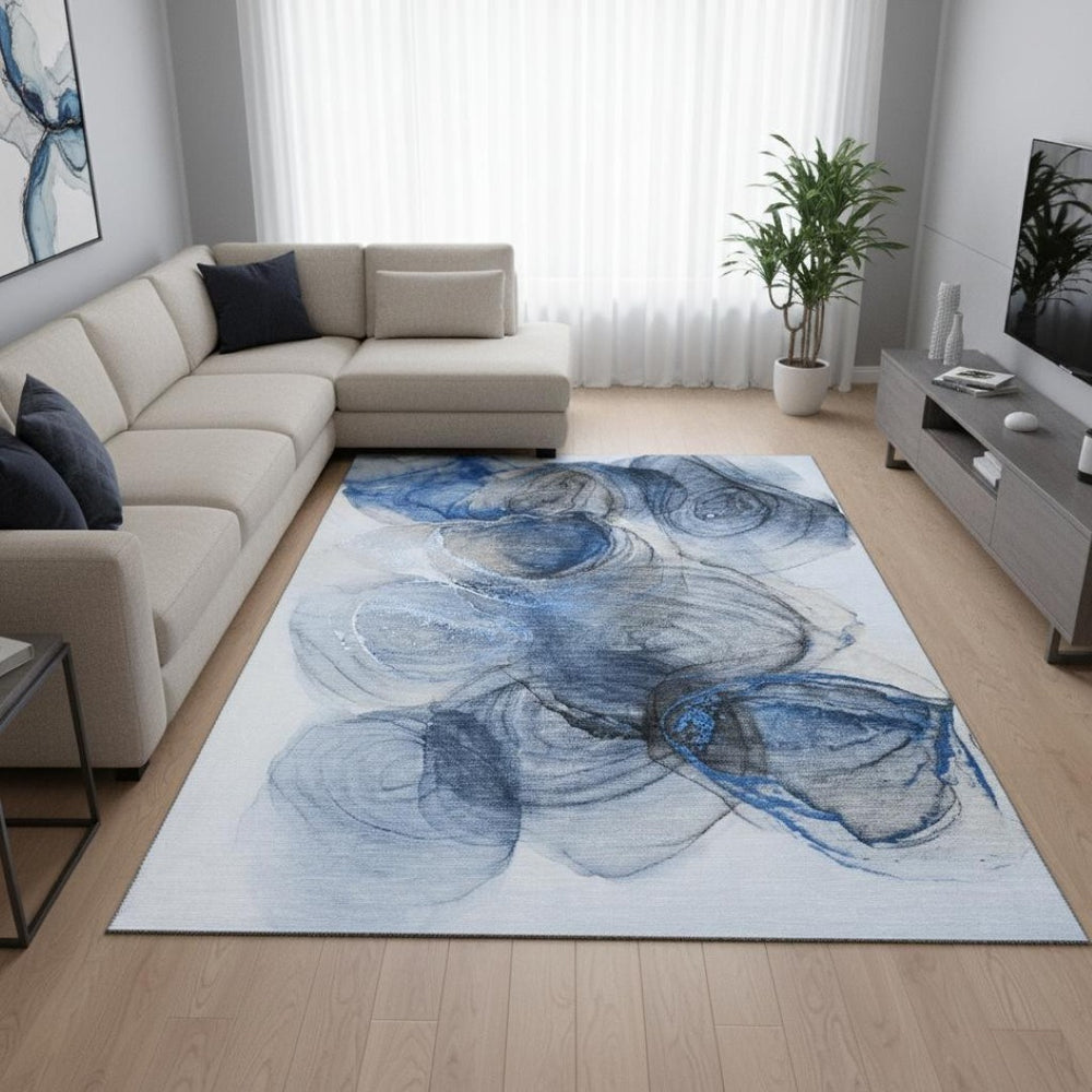 HomeRoots 10' Modern Navy Blue & Ivory Abstract Area Rug - Washable, UV-Protected & Stain-Resistant Design 647038