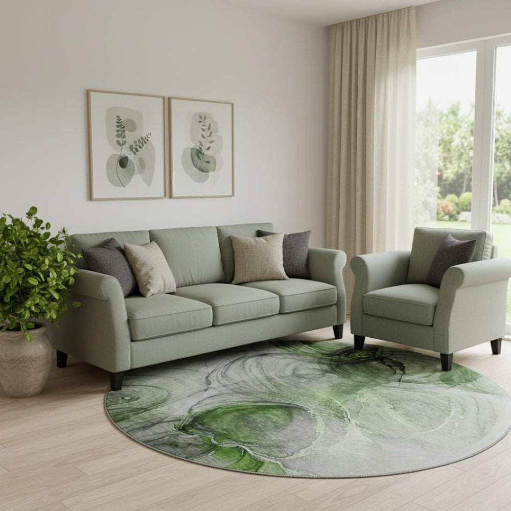 HomeRoots 8' Olive Green & Ivory Abstract Washable Round Rug – UV Protected, Stain Resistant for Busy Homes 647041
