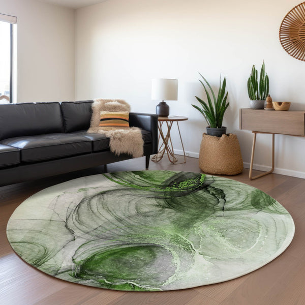 HomeRoots 8' Olive Green & Ivory Abstract Washable Round Rug – UV Protected, Stain Resistant for Busy Homes 647041