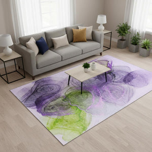 HomeRoots 5' X 8' Washable Abstract Area Rug in Purple, Green & Ivory - UV Protected & Pet-Friendly Design 647046
