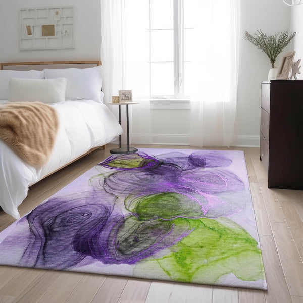 HomeRoots 5' X 8' Washable Abstract Area Rug in Purple, Green & Ivory - UV Protected & Pet-Friendly Design 647046