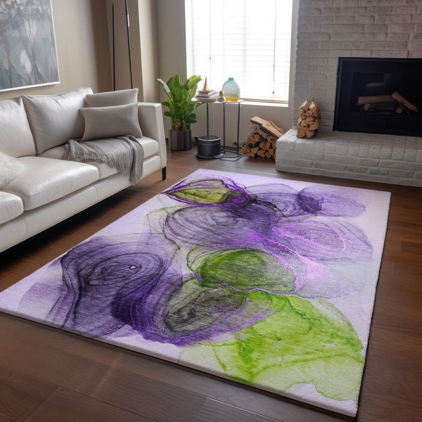 HomeRoots 5' X 8' Washable Abstract Area Rug in Purple, Green & Ivory - UV Protected & Pet-Friendly Design 647046