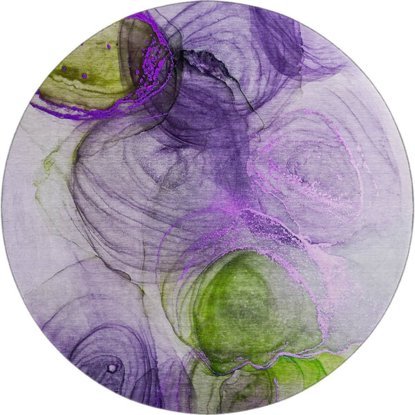 HomeRoots 8' Vibrant Purple, Green & Ivory Abstract Round Rug - Washable, UV Protected, Stain Resistant Design 647047