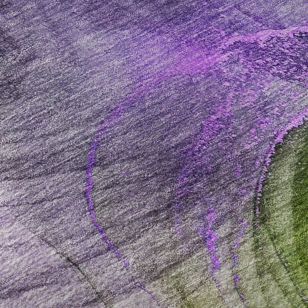 HomeRoots 8' Vibrant Purple, Green & Ivory Abstract Round Rug - Washable, UV Protected, Stain Resistant Design 647047