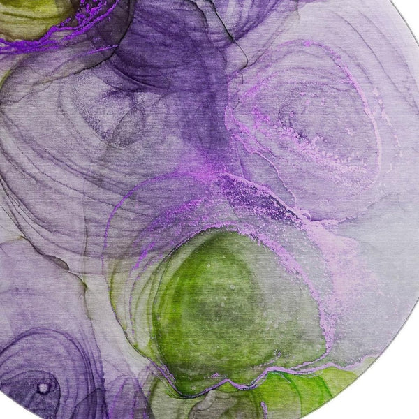 HomeRoots 8' Vibrant Purple, Green & Ivory Abstract Round Rug - Washable, UV Protected, Stain Resistant Design 647047