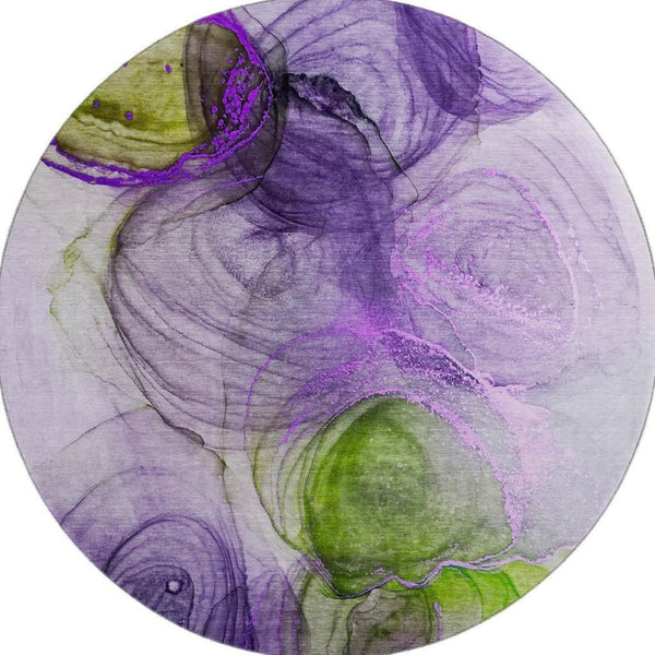 HomeRoots 8' Vibrant Purple, Green & Ivory Abstract Round Rug - Washable, UV Protected, Stain Resistant Design 647047