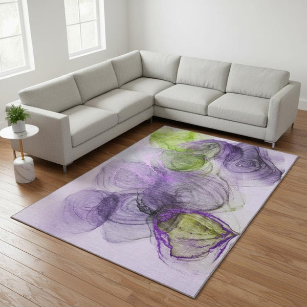 HomeRoots 9' X 12' Vibrant Purple, Green & Ivory Abstract Washable Area Rug with Stain Resistance & UV Protection 647049