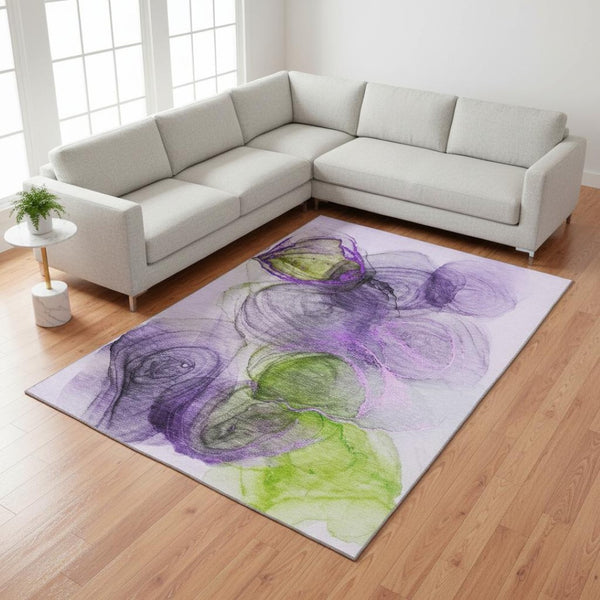 HomeRoots 10' X 14' Washable Abstract Area Rug in Purple, Green & Ivory - UV Protected for High-Traffic Areas 647050