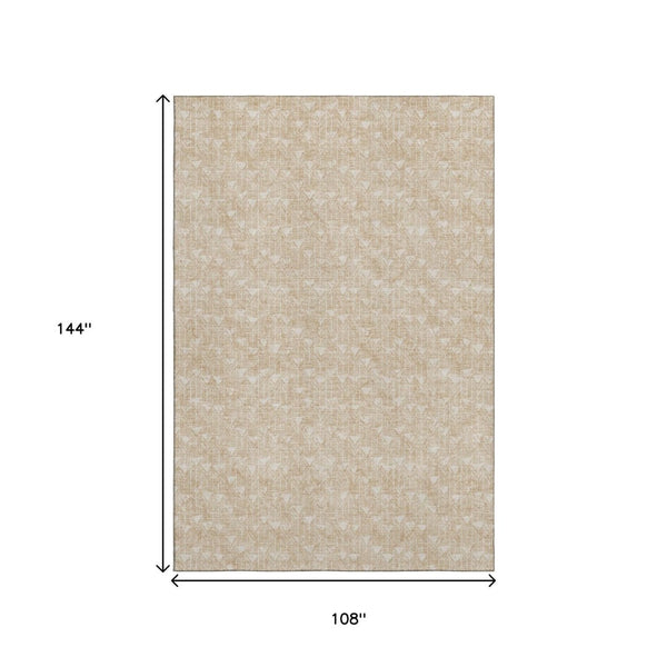 HomeRoots 9' X 12' Modern Beige & Ivory Geometric Washable Area Rug – Stain Resistant & UV Protected Design 647061