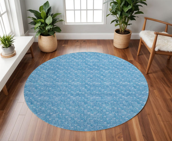 HomeRoots 8' Blue and Ivory Geometric Washable Round Rug - Durable, Stain-Resistant with UV Protection! 647065