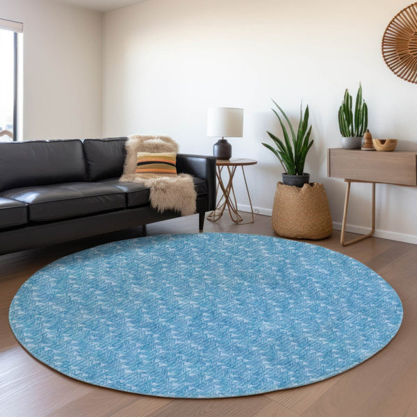 HomeRoots 8' Blue and Ivory Geometric Washable Round Rug - Durable, Stain-Resistant with UV Protection! 647065
