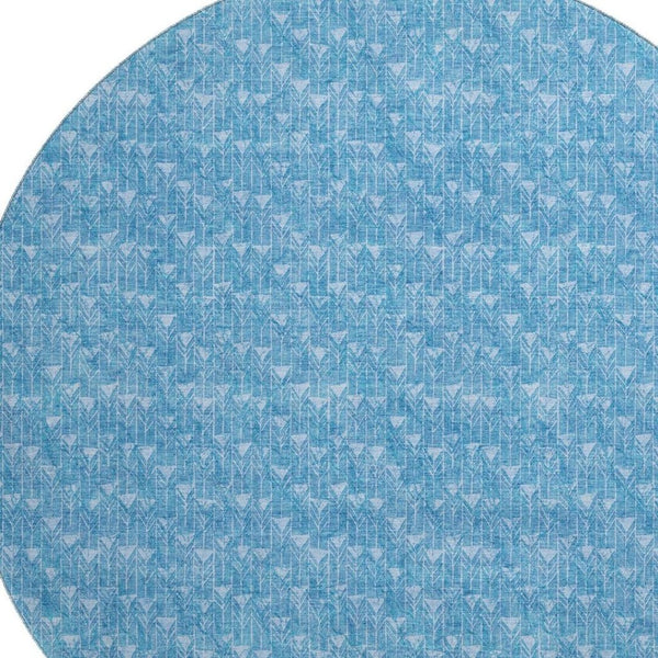 HomeRoots 8' Blue and Ivory Geometric Washable Round Rug - Durable, Stain-Resistant with UV Protection! 647065
