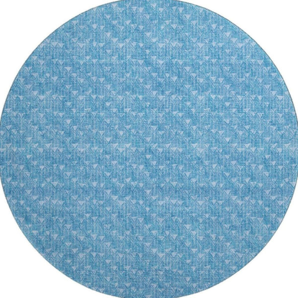HomeRoots 8' Blue and Ivory Geometric Washable Round Rug - Durable, Stain-Resistant with UV Protection! 647065