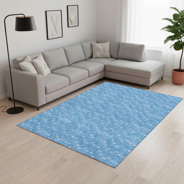 HomeRoots 10' Blue and Ivory Geometric Washable Area Rug - Stain-Resistant, UV Protected for Stylish Spaces 647068