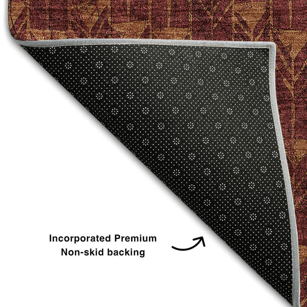 HomeRoots 8' Washable Burgundy and Brown Geometric Round Rug with UV Protection for High-Traffic Areas 647077