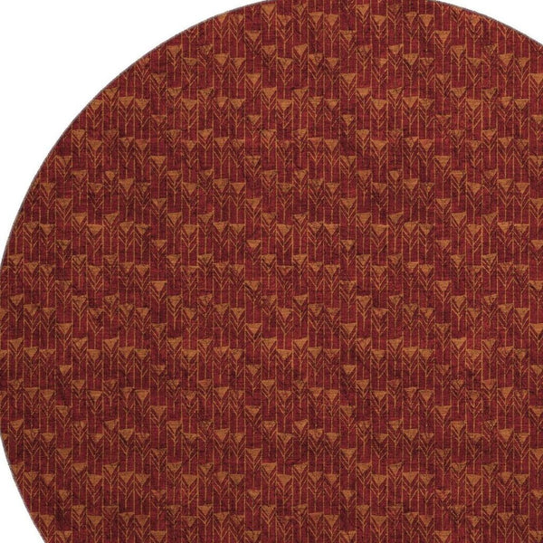 HomeRoots 8' Washable Burgundy and Brown Geometric Round Rug with UV Protection for High-Traffic Areas 647077