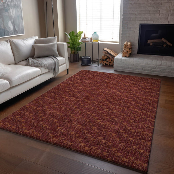 HomeRoots 8' X 10' Burgundy & Brown Geometric Area Rug - Washable, UV Protected, Stylish & Durable Floor Covering 647078