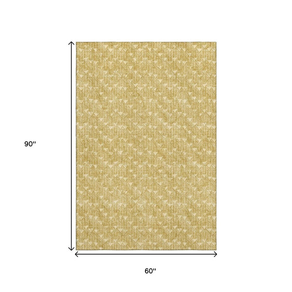 HomeRoots 5' X 8' Gold and Ivory Geometric Area Rug - Durable, Washable, UV-Protected, Modern Style for Any Room 647082