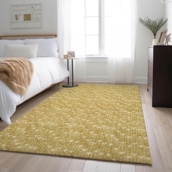 HomeRoots 9' X 12' Gold and Ivory Geometric Area Rug - Washable, UV-Protected, Durable Design for Family Life 647085