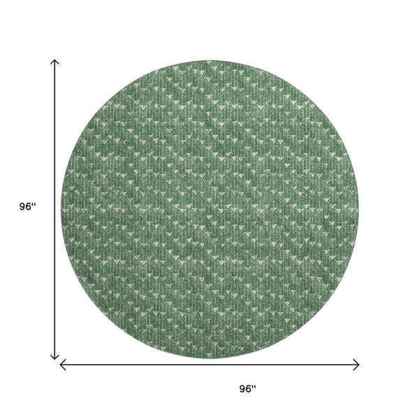 HomeRoots 8' Green and Ivory Geometric Round Rug - Washable, UV Protected, Durable for Indoor and Outdoor Use 647095