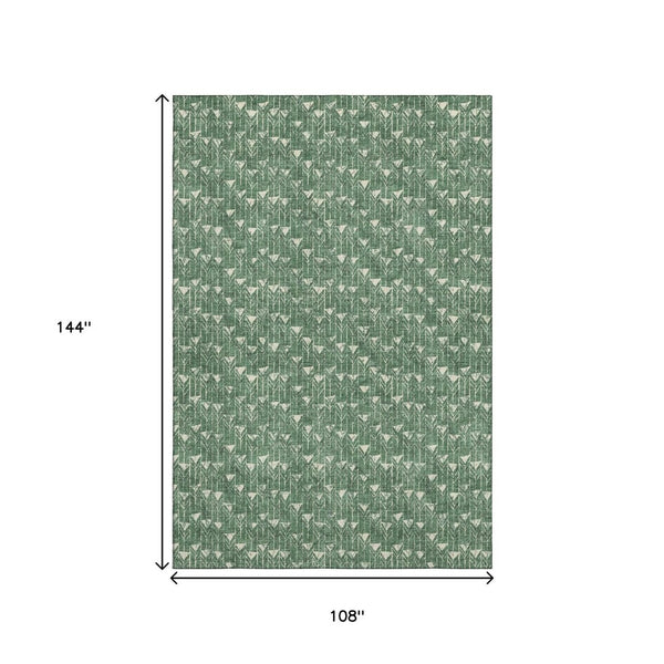 HomeRoots 9' X 12' Stylish Green & Ivory Geometric Area Rug - Washable, UV Protected, Stain Resistant Comfort 647097