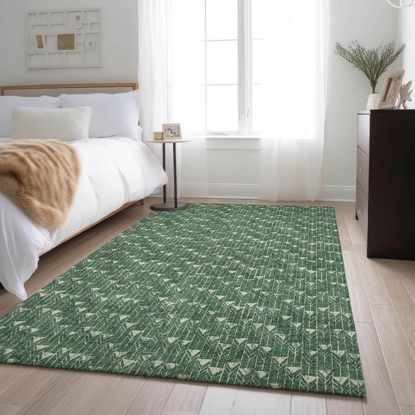 HomeRoots 9' X 12' Stylish Green & Ivory Geometric Area Rug - Washable, UV Protected, Stain Resistant Comfort 647097