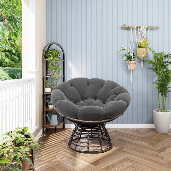 English Elm Comfortable Rattan Papasan Swivel Chair Overstuffed Cushion Bohemian Lounge Seating W640P443551