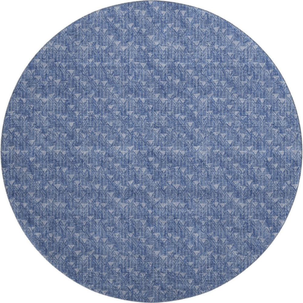 HomeRoots 8' Navy Blue & Ivory Geometric Round Rug - Washable, UV-Resistant, Perfect for Homes with Kids & Pets 647101