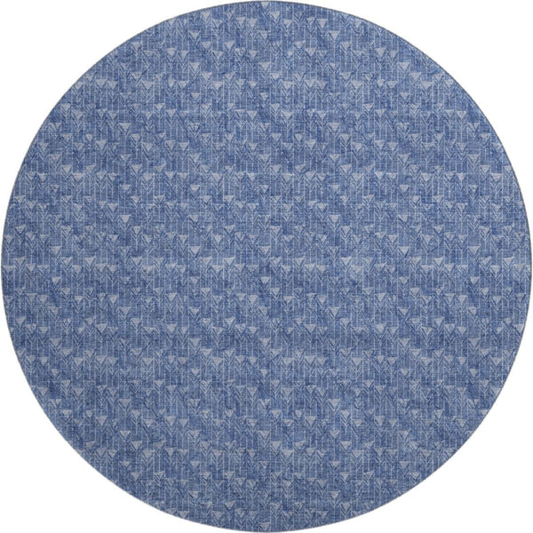 HomeRoots 8' Navy Blue & Ivory Geometric Round Rug - Washable, UV-Resistant, Perfect for Homes with Kids & Pets 647101