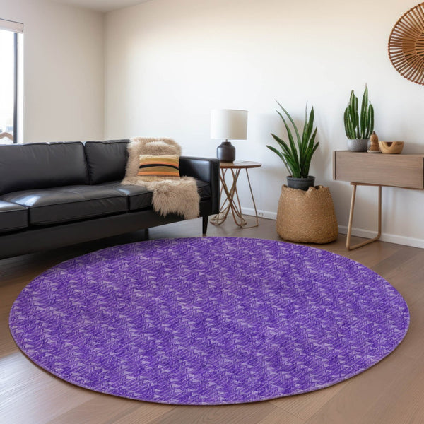 HomeRoots 8' Modern Purple and Ivory Geometric Round Rug - Washable, UV-Protected, Stain-Resistant Design 647107