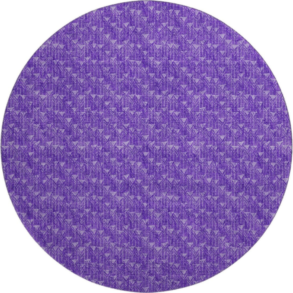 HomeRoots 8' Modern Purple and Ivory Geometric Round Rug - Washable, UV-Protected, Stain-Resistant Design 647107