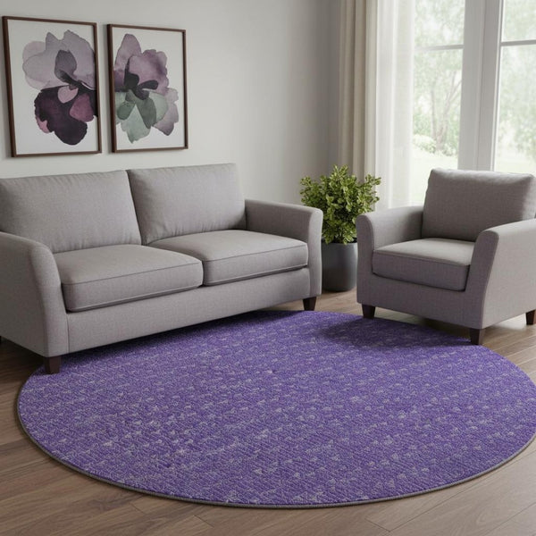 HomeRoots 8' Modern Purple and Ivory Geometric Round Rug - Washable, UV-Protected, Stain-Resistant Design 647107