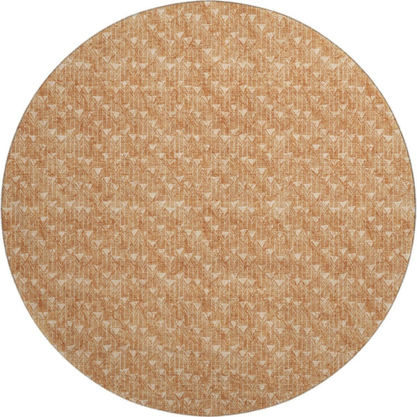 HomeRoots 8' Salmon and Ivory Geometric Round Rug - Washable, UV Protected, Durable for High-Traffic Spaces 647113