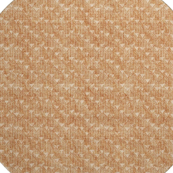 HomeRoots 8' Salmon and Ivory Geometric Round Rug - Washable, UV Protected, Durable for High-Traffic Spaces 647113