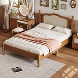 Wooden Platform Bed with Rattan Headboard, Vintage Frame, Walnut Finish