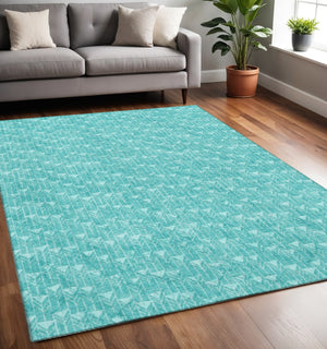 HomeRoots 5' X 8' Teal and Ivory Geometric Area Rug - Stylish, Washable, Stain Resistant, UV Protected Design 647118