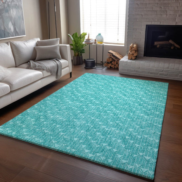 HomeRoots 5' X 8' Teal and Ivory Geometric Area Rug - Stylish, Washable, Stain Resistant, UV Protected Design 647118
