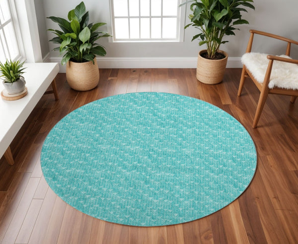 HomeRoots 8' Teal and Ivory Geometric Round Rug - Washable, UV-Protected, Ideal for Indoor and Outdoor Spaces 647119