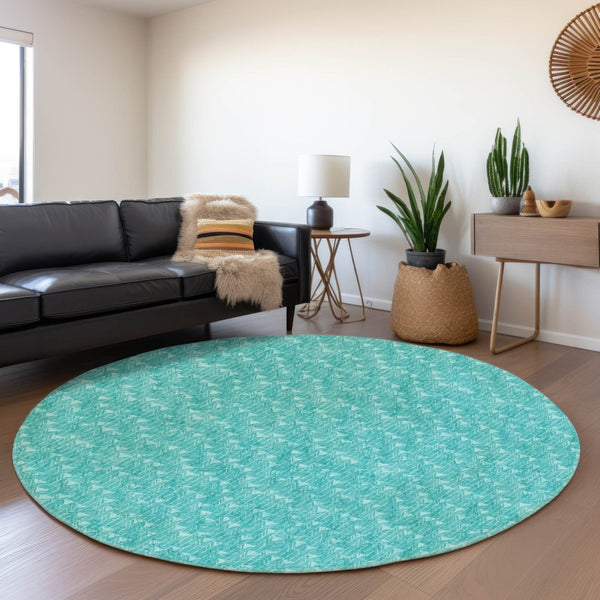 HomeRoots 8' Teal and Ivory Geometric Round Rug - Washable, UV-Protected, Ideal for Indoor and Outdoor Spaces 647119