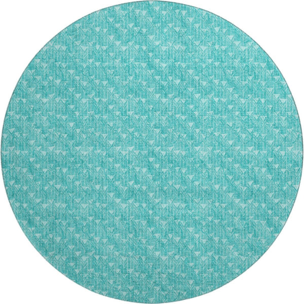 HomeRoots 8' Teal and Ivory Geometric Round Rug - Washable, UV-Protected, Ideal for Indoor and Outdoor Spaces 647119